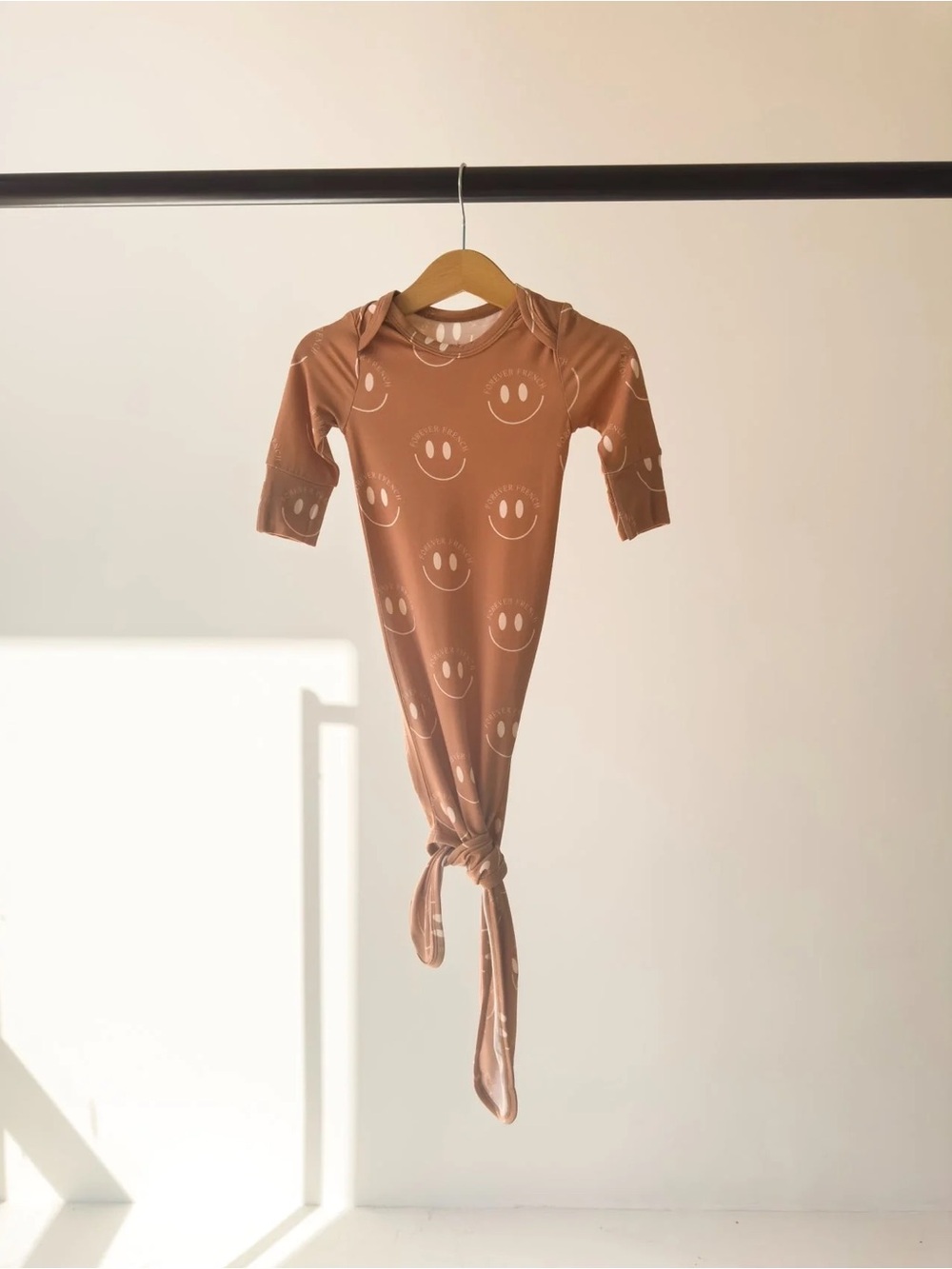 Forever French Knotted Bamboo Gown in Smiley Print - Warm Brown